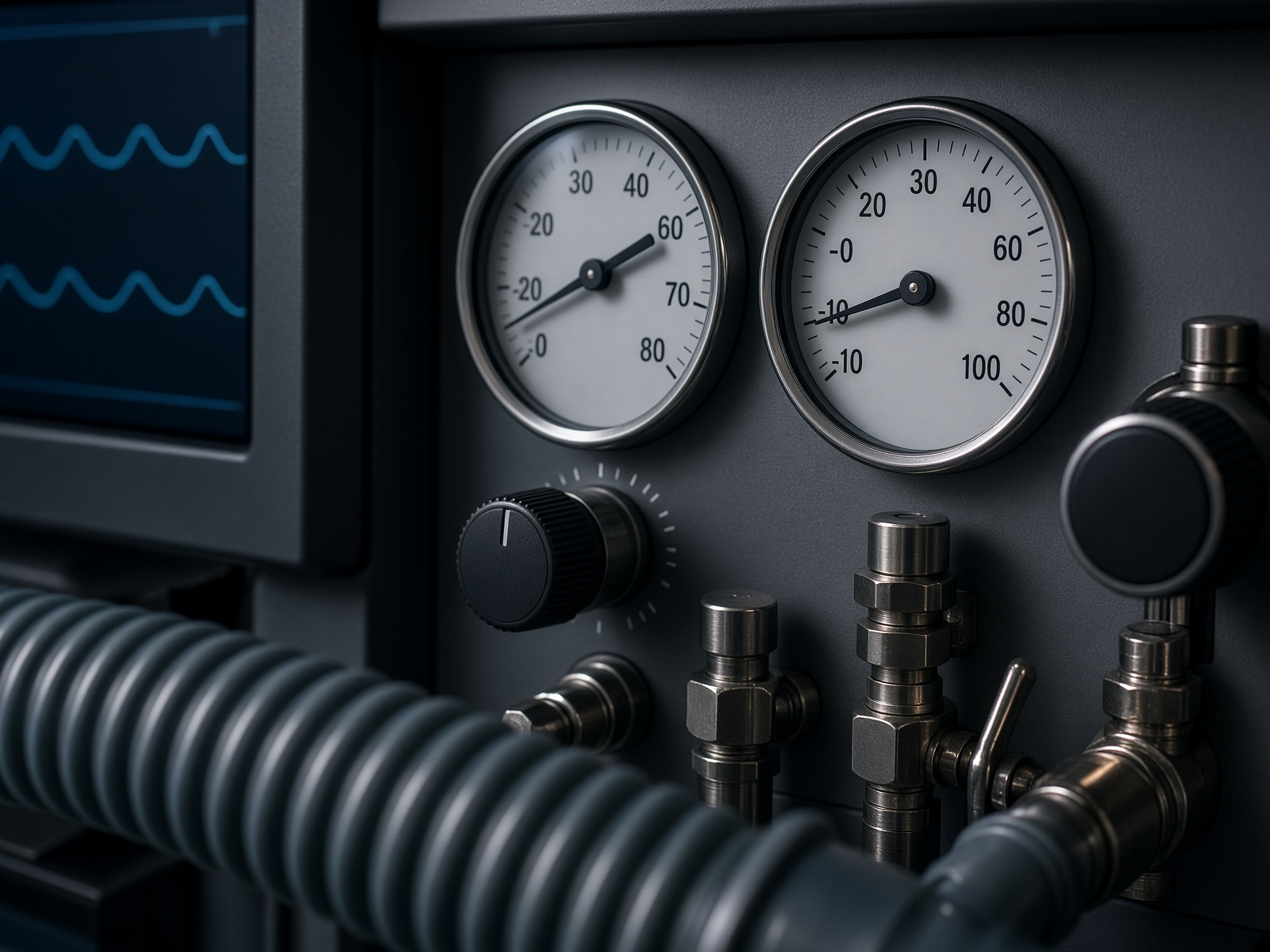 Close view of analog gauges on an anesthesia workstation