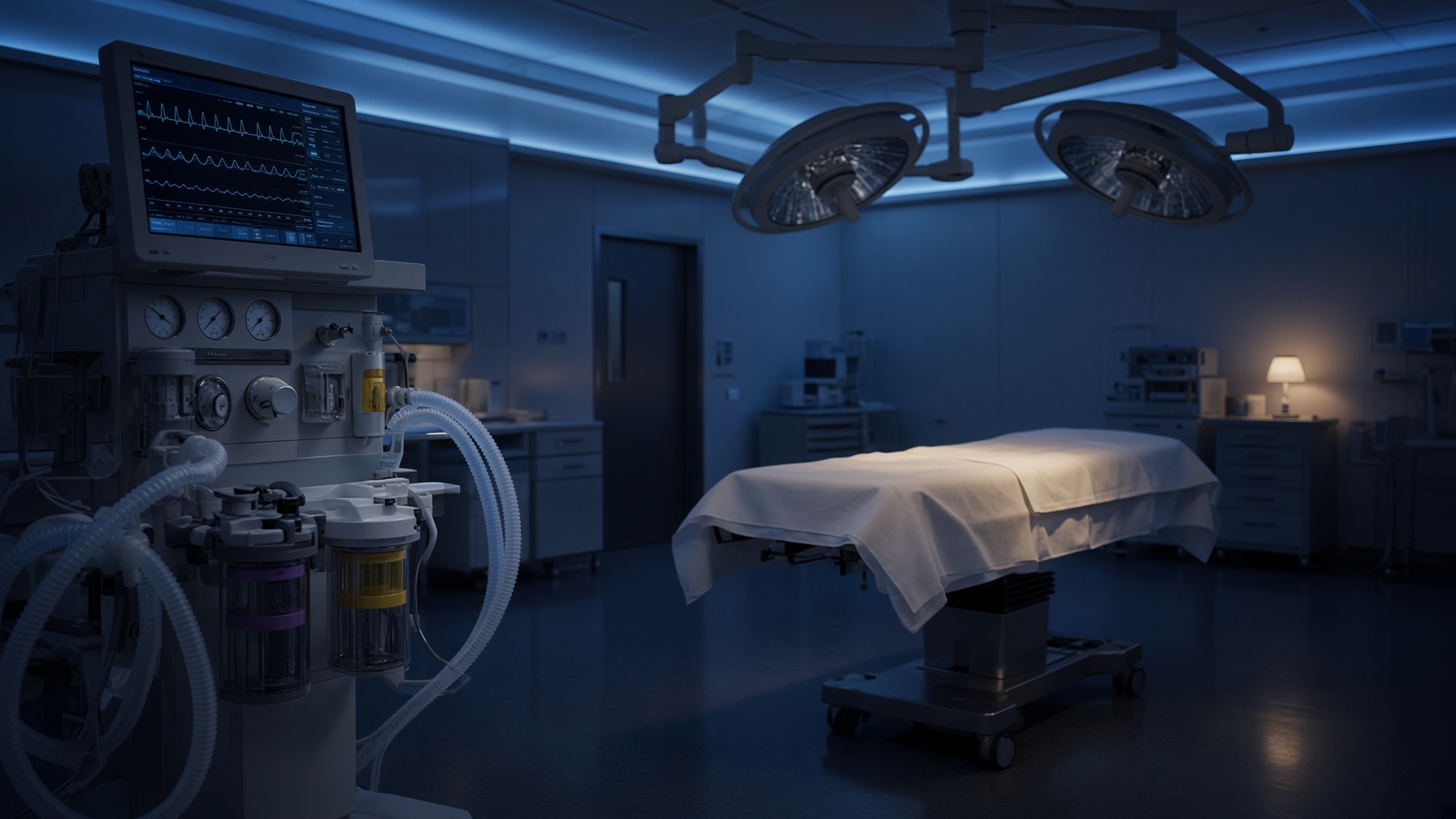 Quiet operating room with an anesthesia workstation in the foreground